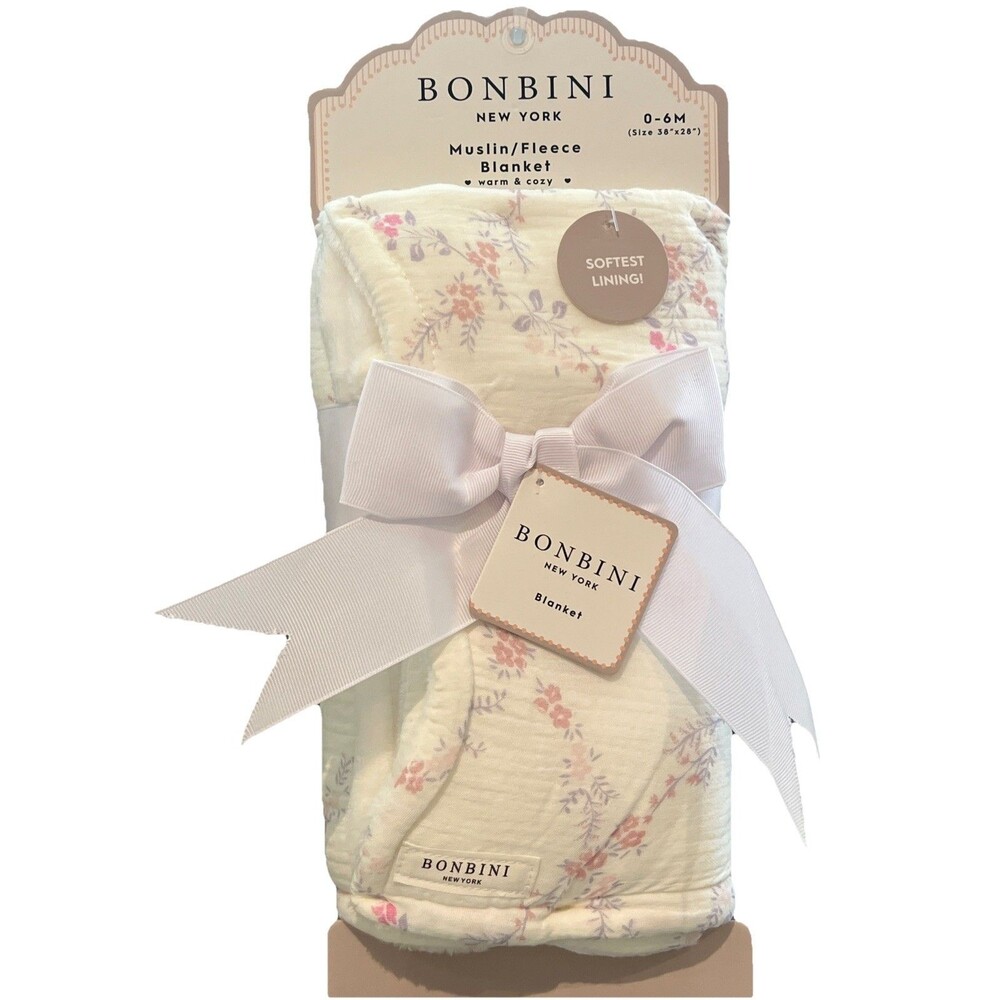 BONBINI Muslin Fleece Baby Blanket Pink Flowers Purple Leaf Reversible Faux Fur